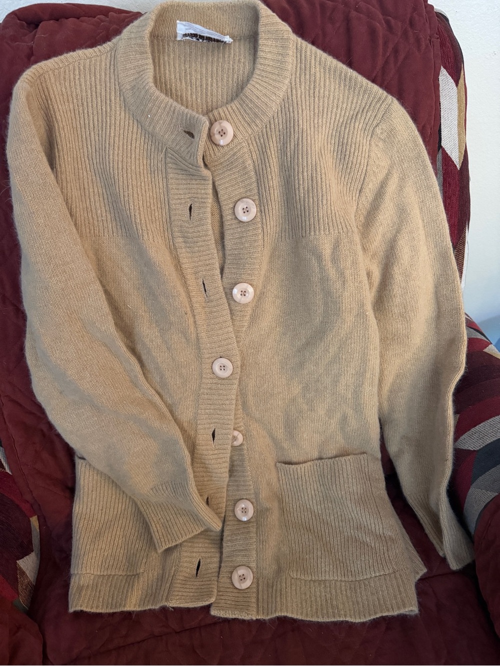 Classic Crewneck Button-Up Cardigan in Camel